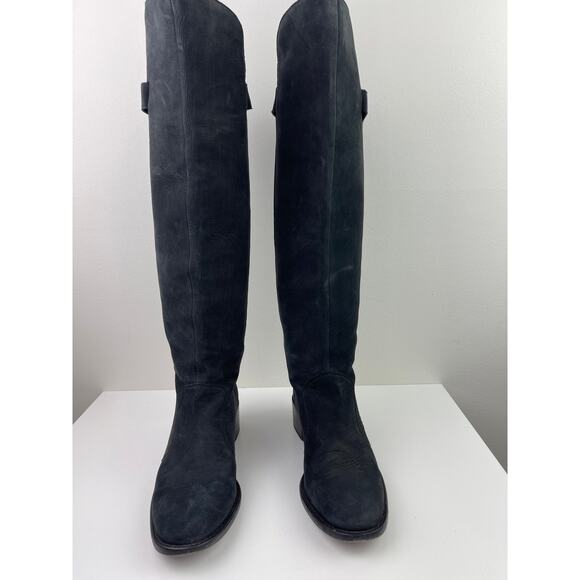 FENDI Black Nubuck Leather Knee High Riding Boots Almond Toe Heel Size 38 ITALY - Picture 4 of 14
